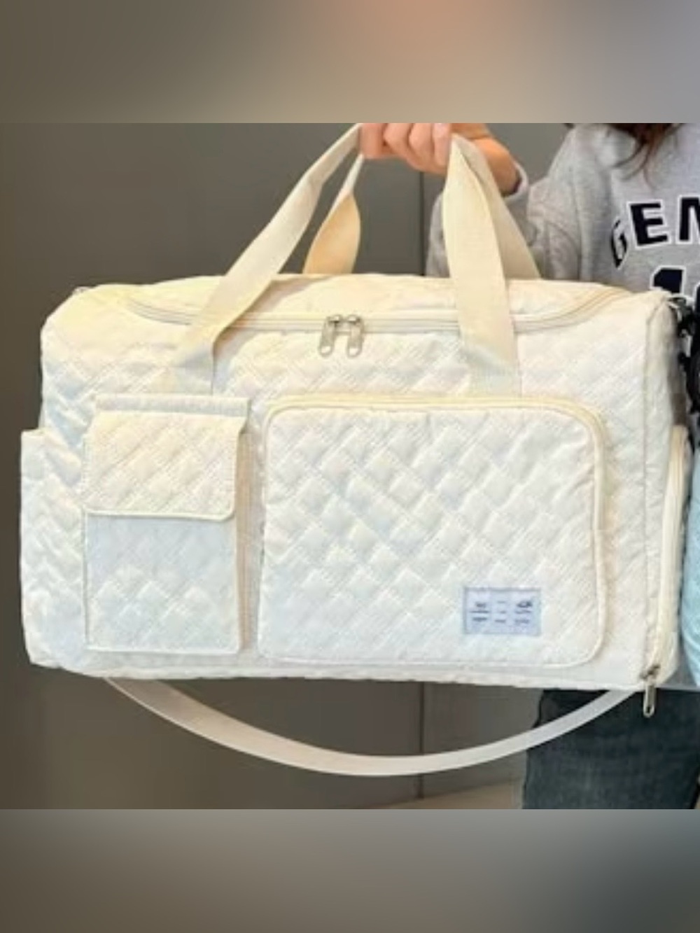 Quilted Cream Travel Duffle Bag - Picture 2 of 12